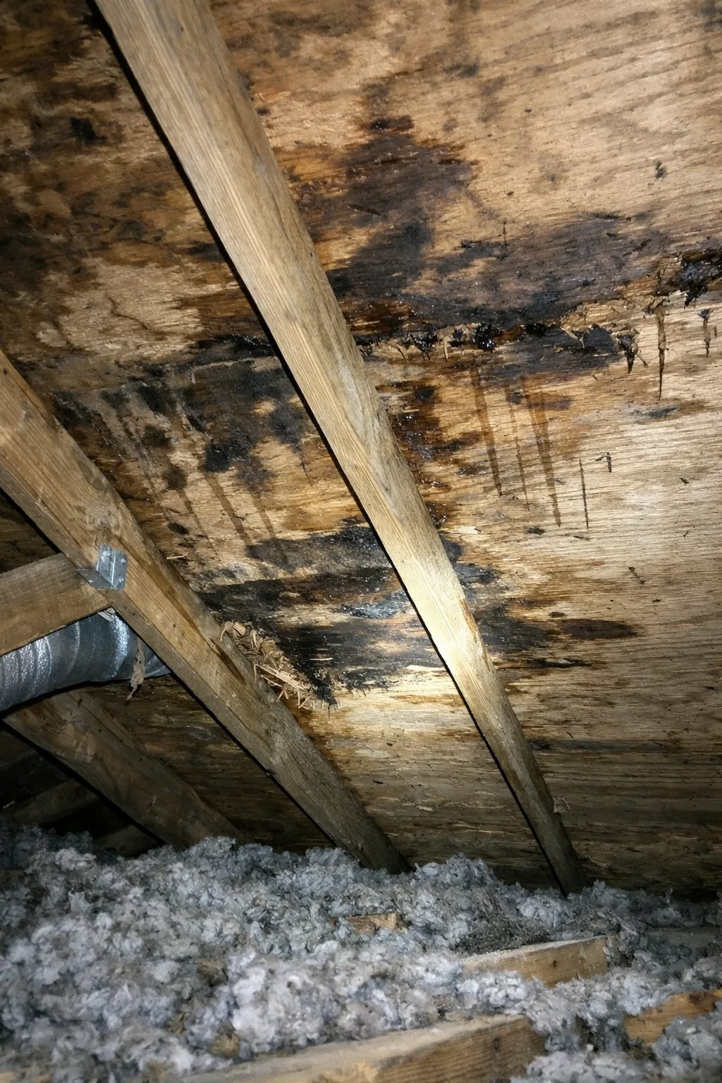 Water staining on attic sheathing from a slow plumbing leak in a Santa Barbara home