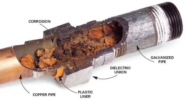 Corroded galvanized pipes running along the underside of a Santa Barbara home in the crawlspace.