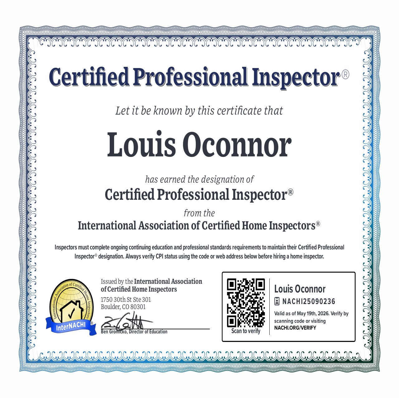 InterNACHI Certified Professional Inspector certificate issued to Louis O'Connor