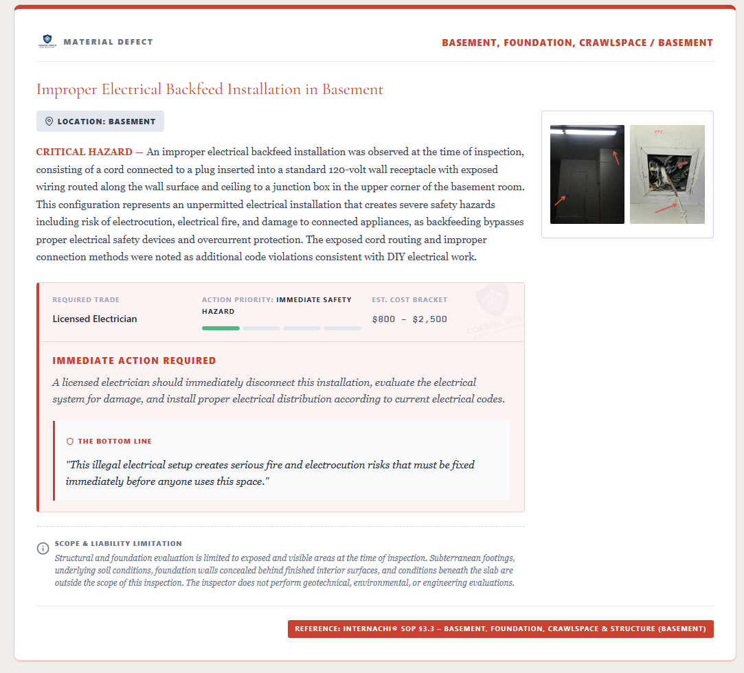 Coastal Shield Defect Card showing narrative, cost estimate, and action recommendation